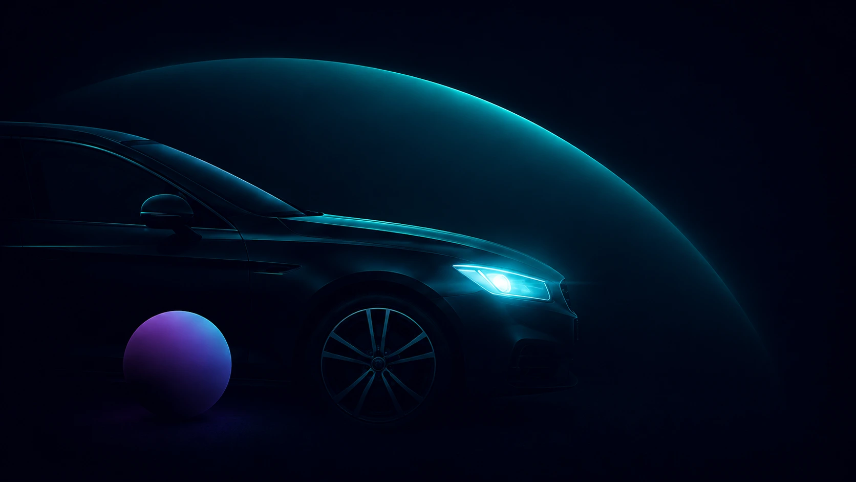 Carro em ambiente escuro com elementos geométricos luminosos